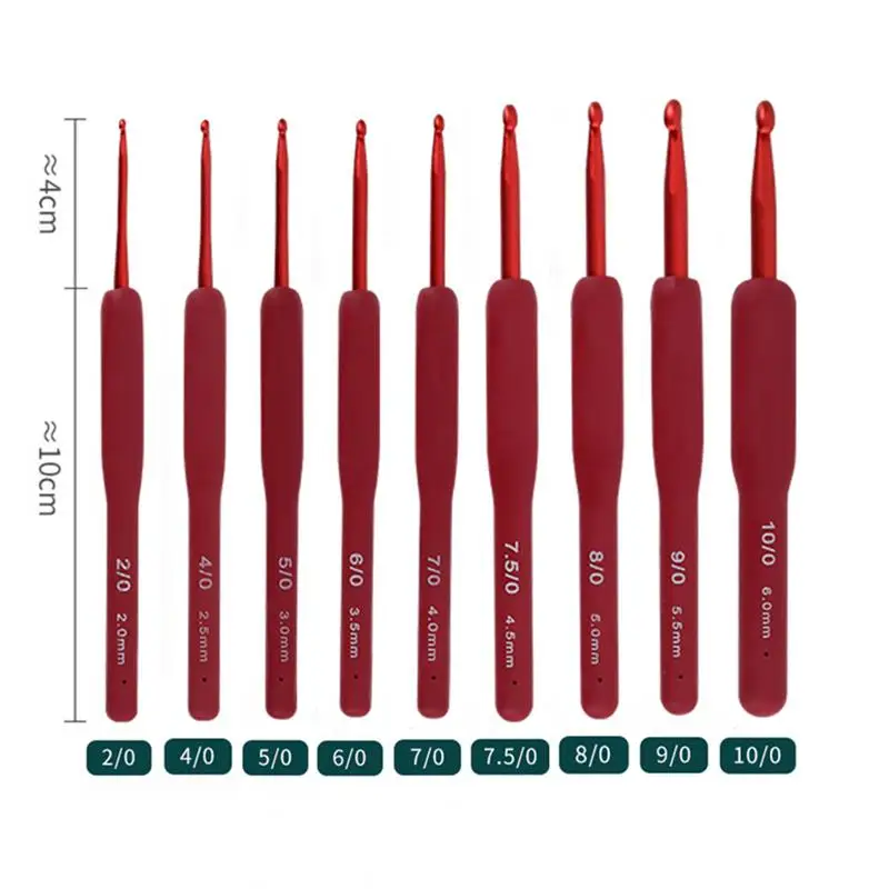 Premium Aluminum Crochet Hooks, Grip de borracha macia, alças almofadadas, agulhas de tricô, tranças Knitting Tool, vermelho, 2mm-6mm