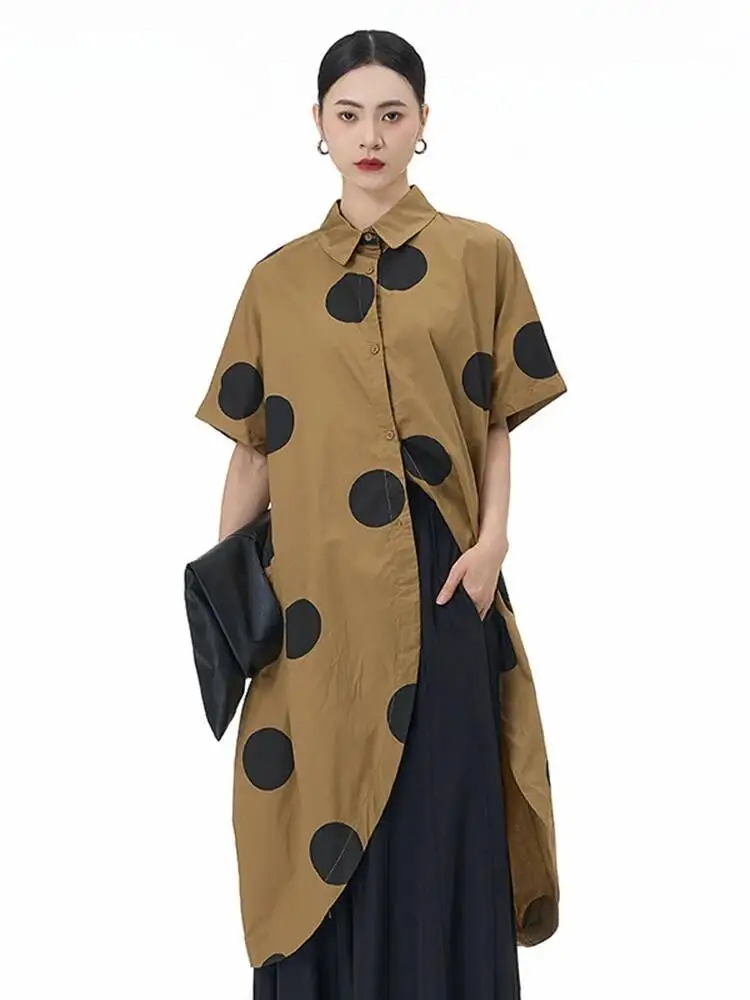 Dot Women Khaki Printed Big Size Long Casual Blouse New Lapel Short Sleeve Shirt Fashion  Spring Summer 2026 Y3CU