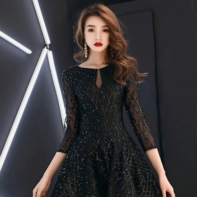 Vestido de cóctel negro de media manga con lentejuelas, vestido de cóctel corto, ilusión recortada, sólido