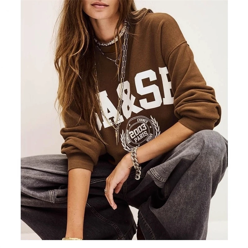 المرأة رقيقة جولة الرقبة البلوز الرجعية إلكتروني مطبوعة فضفاضة تناسب البلوز الخريف عارضة الشارع للنساء والمراهقين دافئ خمر #4