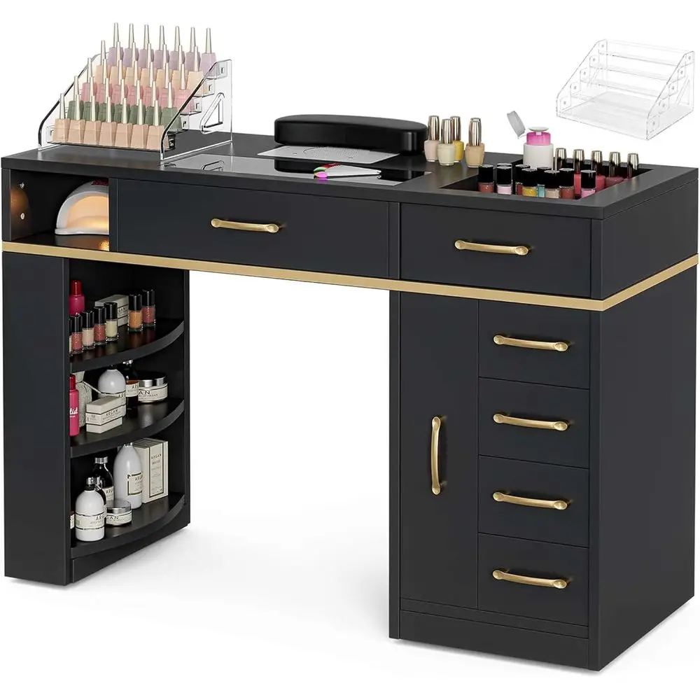Professional Nail Technician Station with Electric Dust Collector, 7 Drawers, Shelves, Wrist Cushion, Acrylic Display Stand