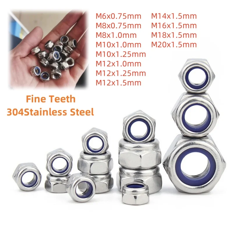

1-20pcs Fine Teeth Nylon Insert Lock Nut M6 M8 M10 M12 M14 M16 M18 M20 304Stainless Steel Hexagon Hex Self-locking Nut Locknuts