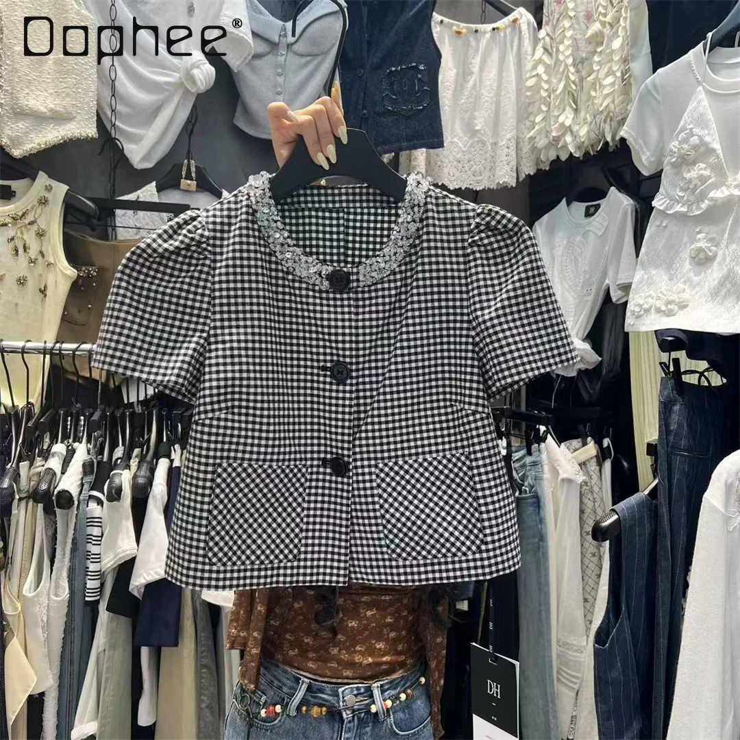 

2025 Summer New Korean Ins Heavy Industry Round Neck Bead Bubble Sleeve Shirt Women Trendy Versatile Retro Plaid Short Shirt Top