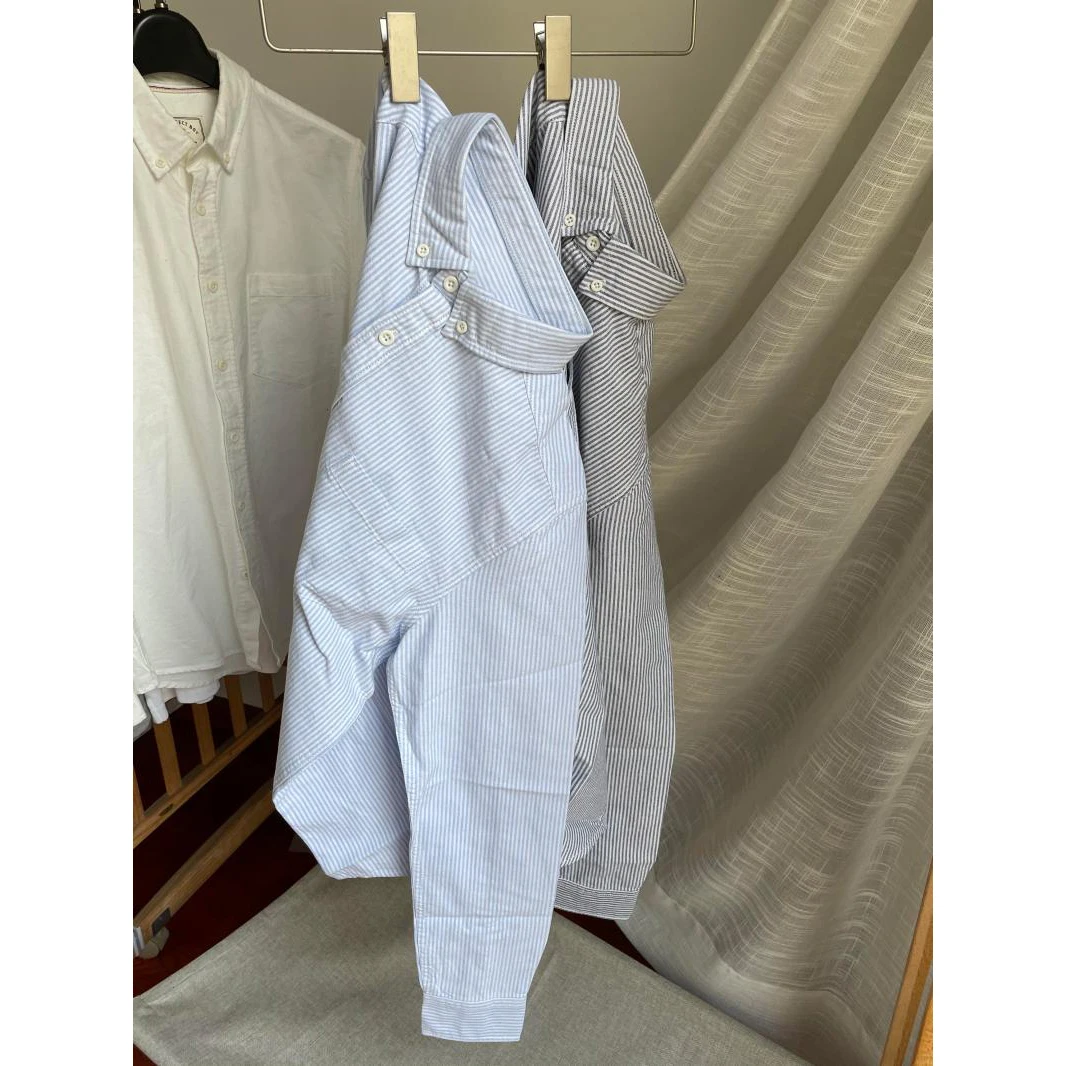 Retro Washed Striped Pure Cotton Oxford Cloth Men's Casual Long Sleeve Shirt Fashionable Urban Style Standard Fit Button Detail