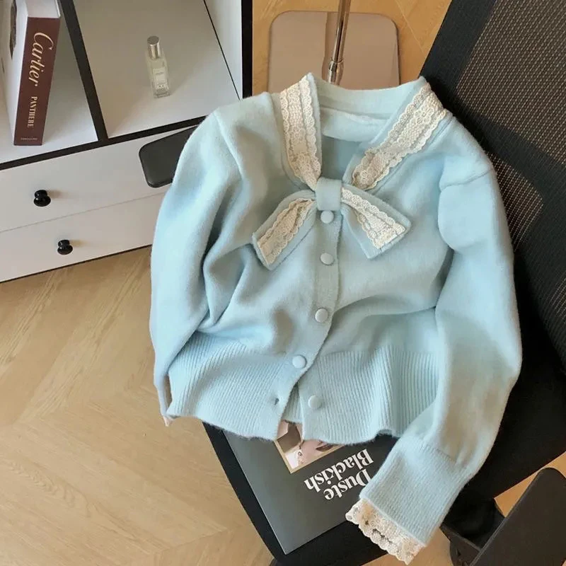 Sweet Bow Knitted Cardigan Women Lace Patchwork Button Chic Gentle Sweater Spring Autumn Female Long Sleeve Casual New Outwear