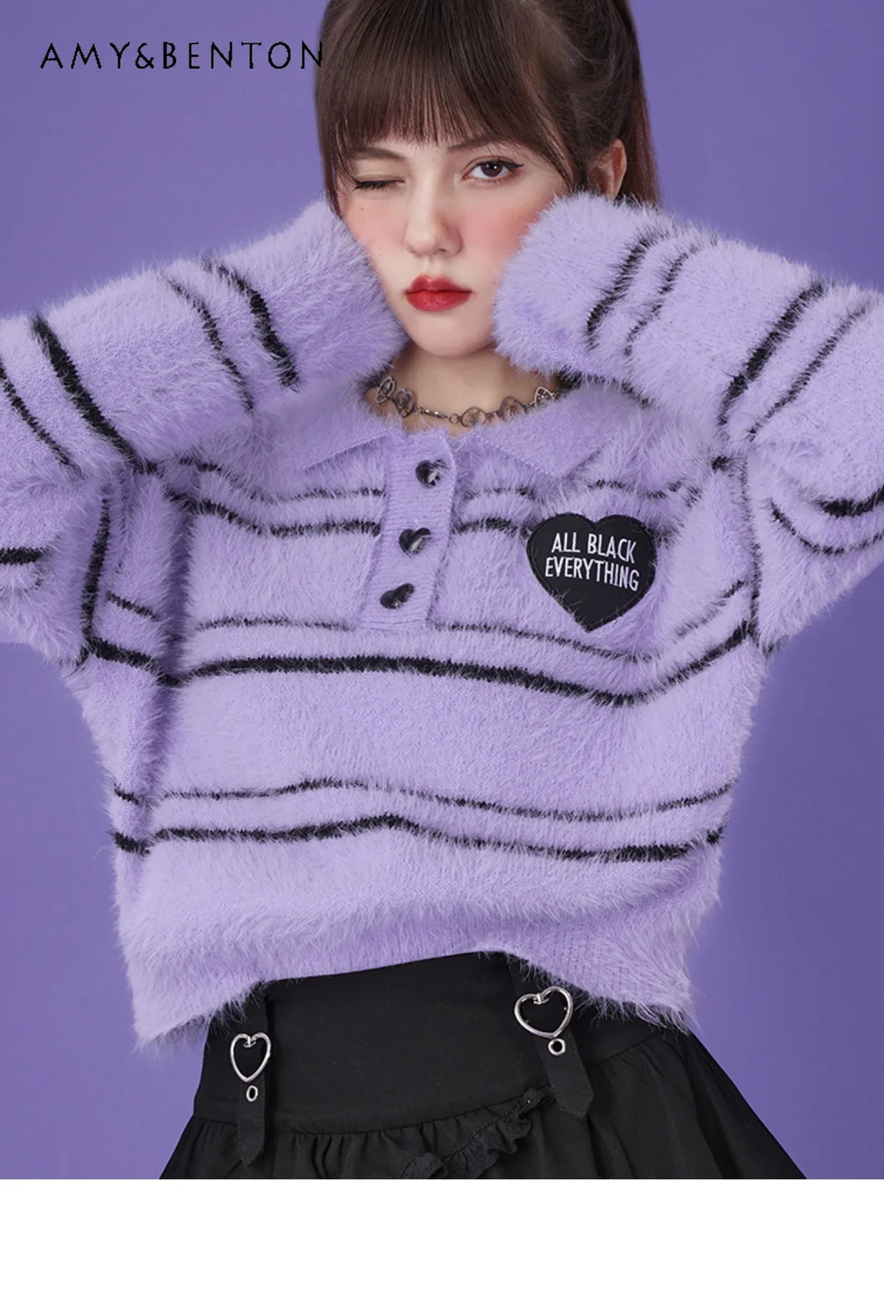 

Y2K Sweet Cool Striped Knitted Sweater Preppy Style Winter Polo Collar Harajuku Embroidery Sueter Mujer Loose Casual Pullover