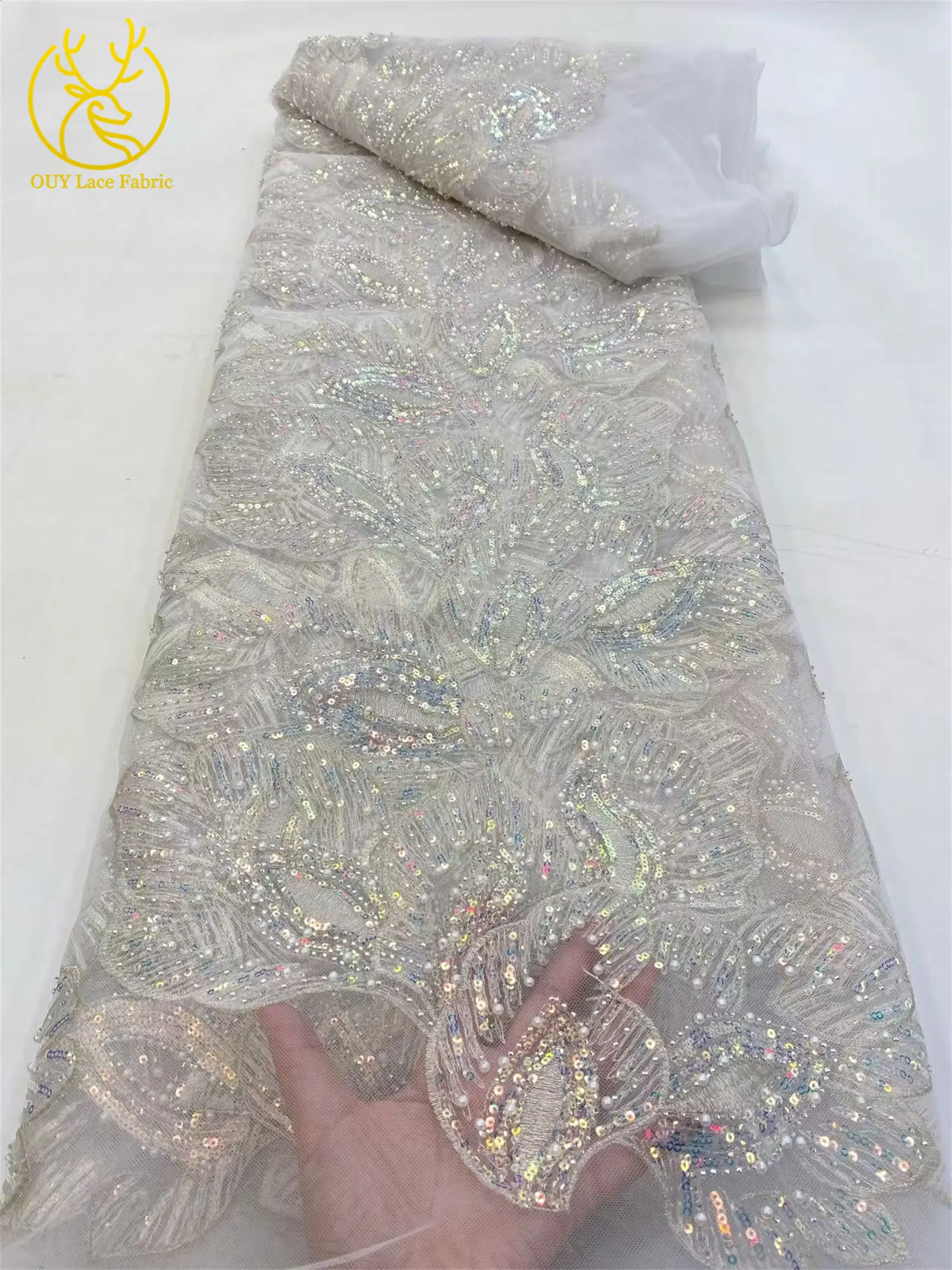 Eleganter afrikanischer Spitzenstoff mit Pailletten und Perlen, 5 Yards hochwertiger französischer Tüll-Spitzenstoff, nigerianischer Spitzenstoff für Braut- und Hochzeitsfeiern zum Nähen – Detail 5