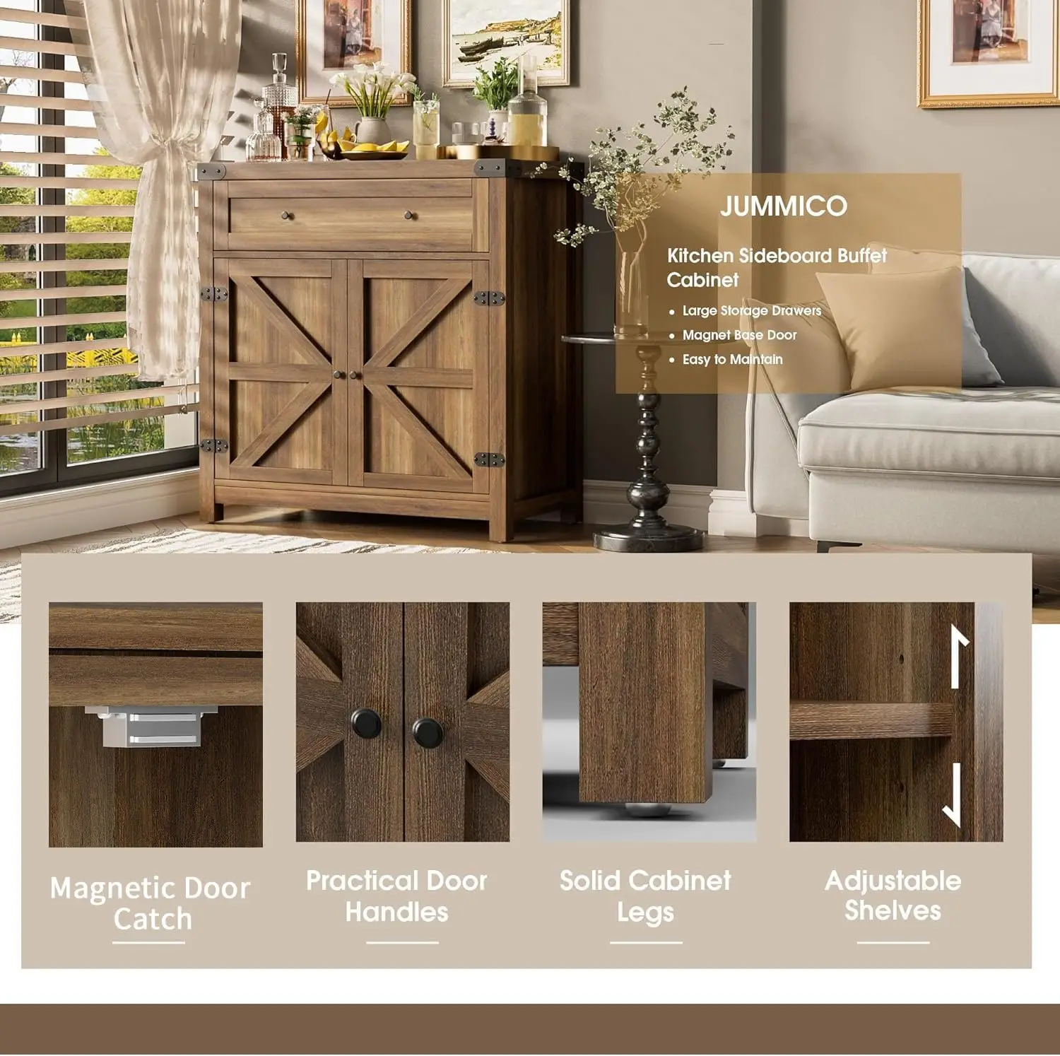 Szafka w stylu farmhouse z szufladą i regulowaną półką, szafka z drzwiami stodołowymi do przechowywania w kuchni, jadalni, łazience, przedpokoju (Bro