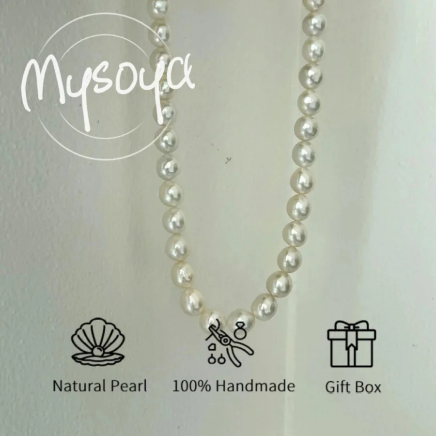 

MYSOYA 9-11mm White Pearl Necklace Large Natural Pearls With Gift Box Perfect Gift For Wedding Birthday Christmas New Year