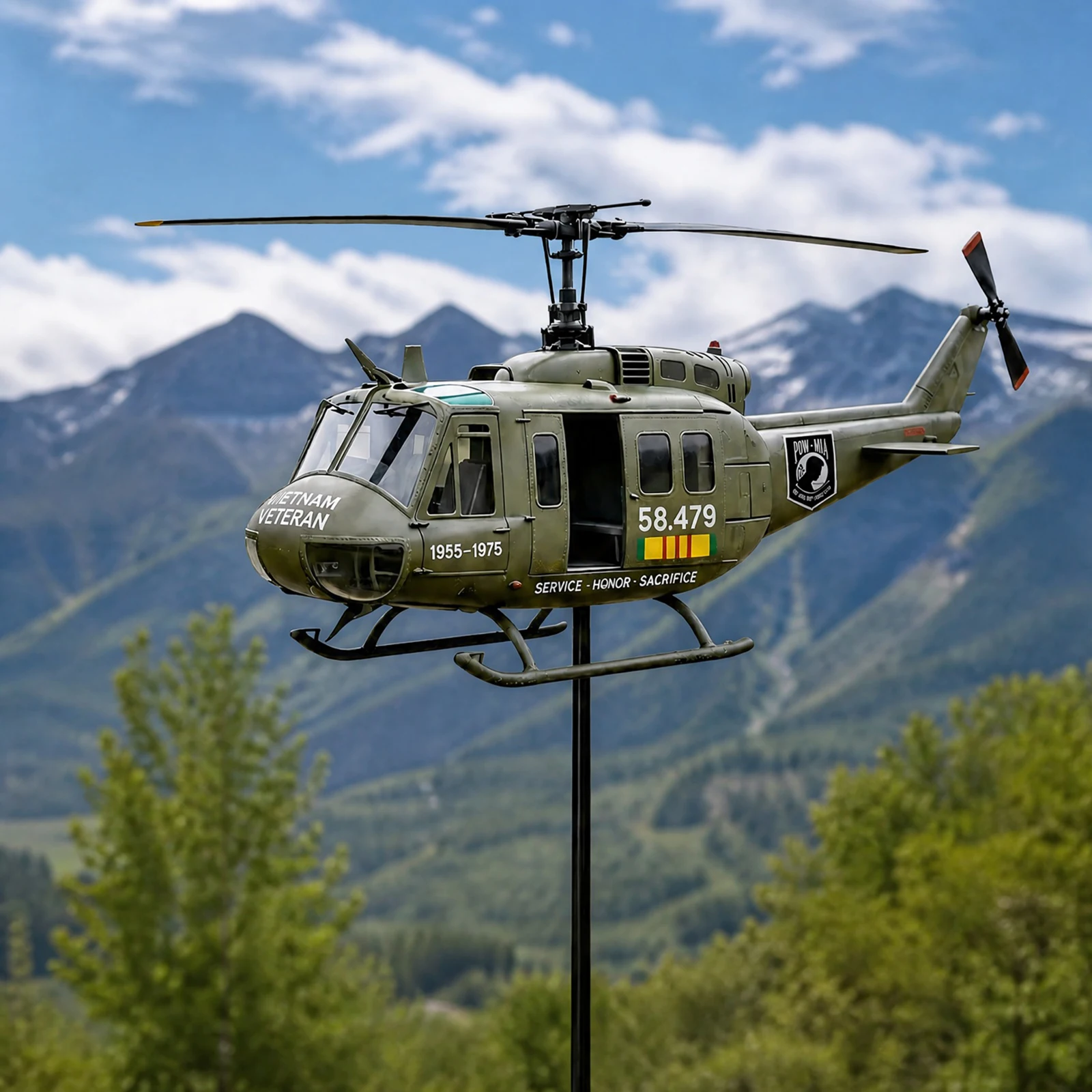 Metal Patriotic Helicopter Wind Spinner with Rotating Propeller Airplane Sculpture Ornament Windmill Stake for Garden Lawn Decor