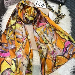 BYSIFA|New 100% Mulberry Silk Scarf Shawl Fall Winter Accessories Women Long Scarves Summer Beach Shawls Yellow, Orange,Pink