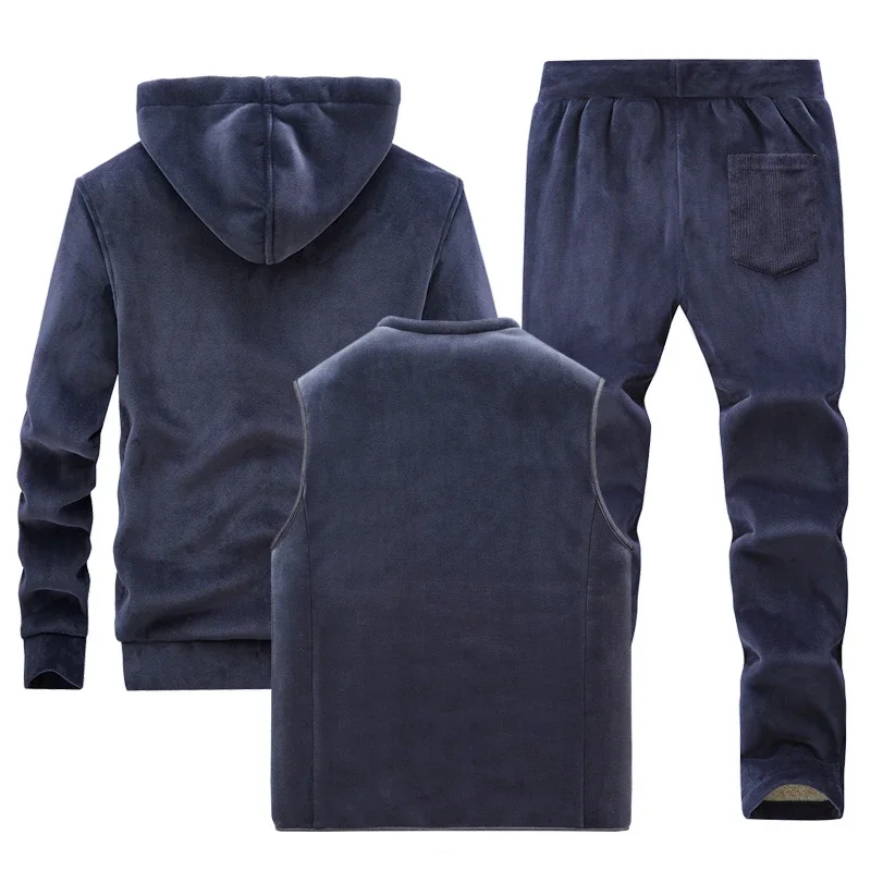 Men Winter Plus Velvet Thick Tracksuits Men's Lamb Cashmere Hoodies+vests+pants Three-pieces Sets Men Warm Casual Lamb Wool Sets image 5