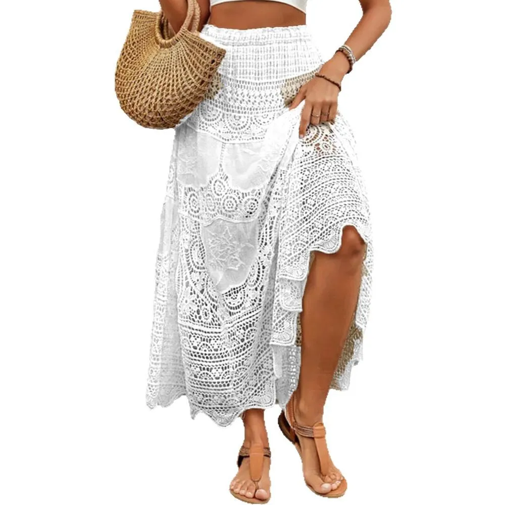 2025 เสื้อผ้าผู้หญิงฤดูร้อนใหม่โครเชต์ Hollow Elastic เอวกระโปรง,สไตล์วันหยุด Hollow Splicing กระโปรงลูกไม้