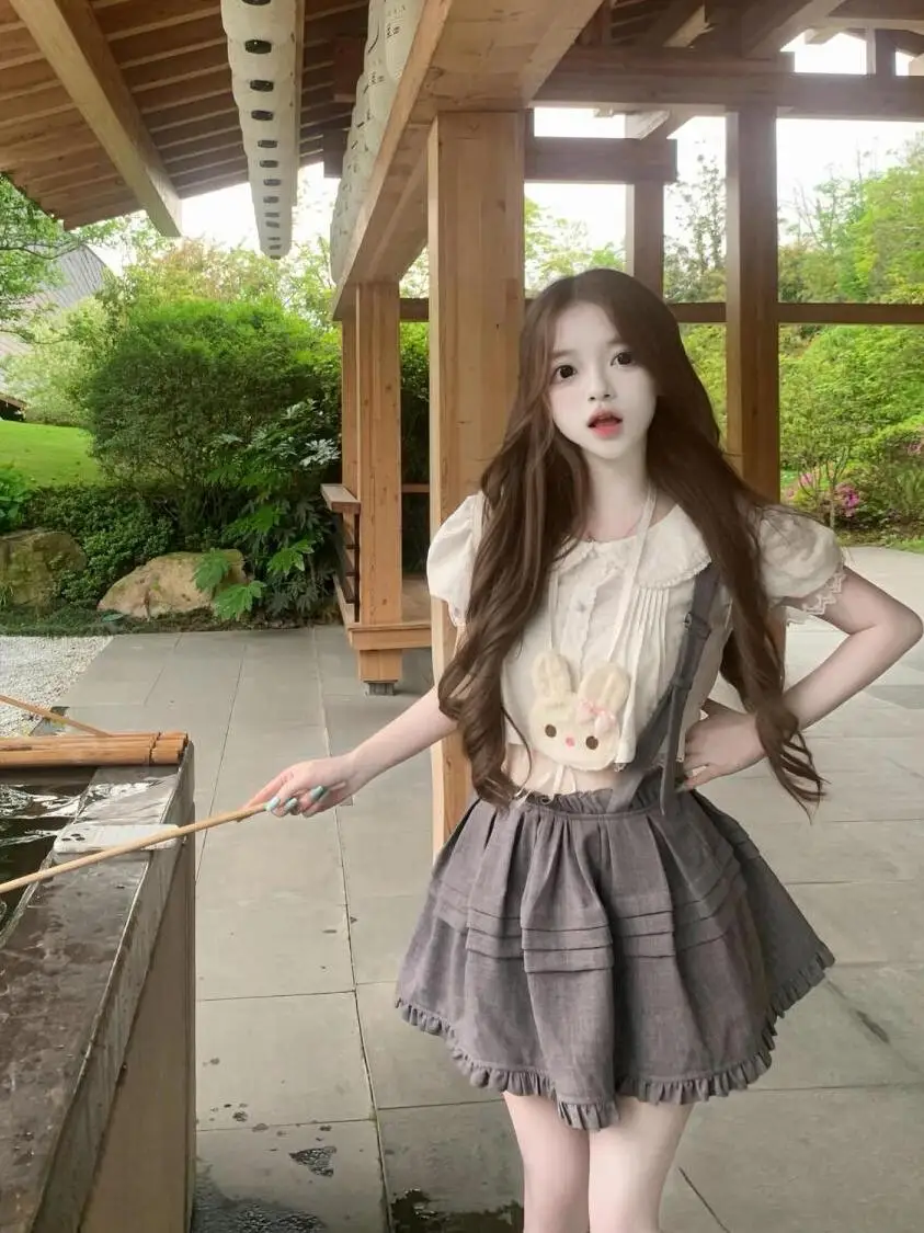 Japanese College Style Bubble Sleeve Waist-Cinching Doll Collar Top with Overalls Summer Two-Piece Set for Young Girls