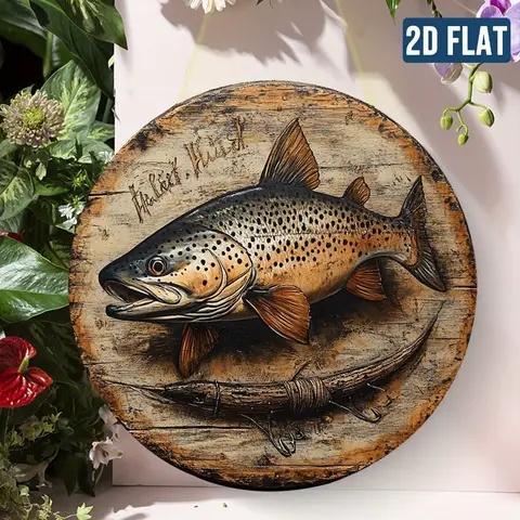 2D Flat, Vintage Fishing Metal Wall Decor - Brown Trout Fish Art - Waterproof & Dustproof Aluminum Sign - Easy to Hang