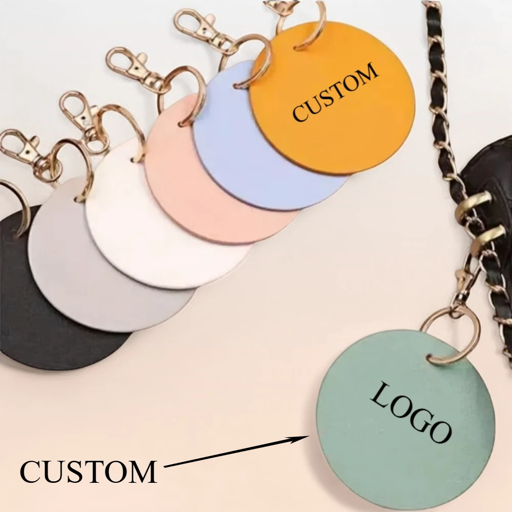 

Custom LOGO Name Carving Pendant Bag Keyring Personalized Round Leather Keychain Clip UV Printing Color Key Ring Chain Gift