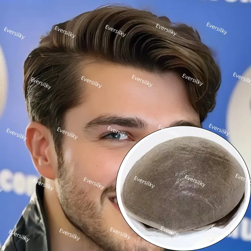 0.02-0.03 مللي متر كامل بولي ذكر الباروكات 100% شعر بشري أصلي شعر مستعار للرجال خط الشعر الطبيعي الشعر المستعار نظام استبدال الاصطناعية #1