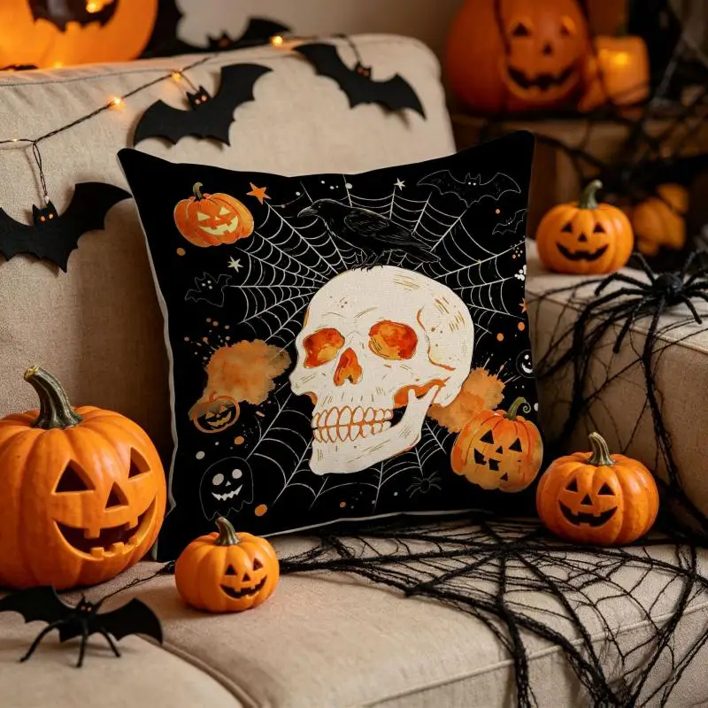 2 Stück Halloween-Kissenbezüge mit Aufdruck, gruselige Atmosphäre, Kissenhülle für Wohnzimmer, dekorative Sofakissenbezüge 45x45cm – Detail 9