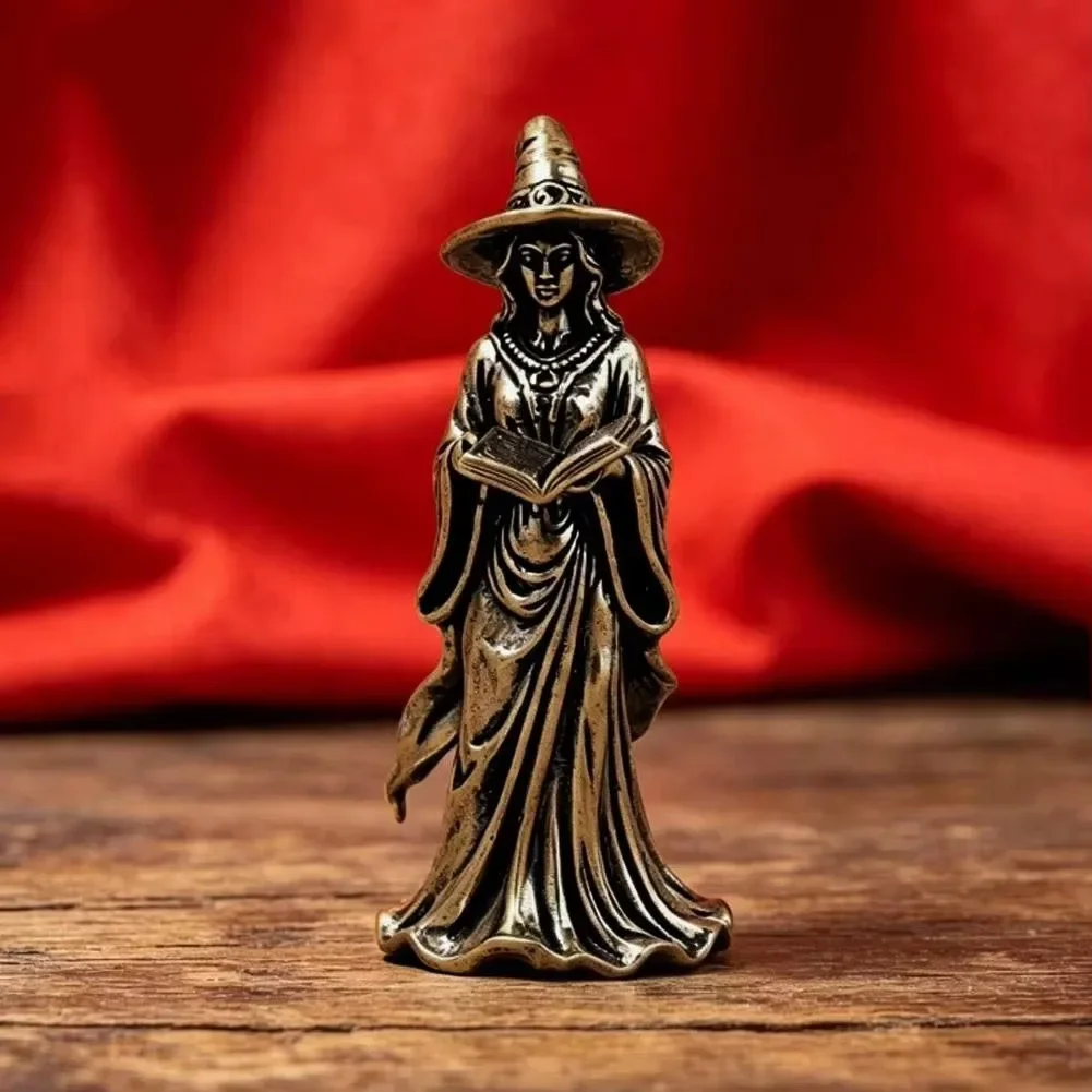 Mini Brass Magic Witch Statue Retro Metal Model, Desktop Ornament Figurine, Home Tabletop Decor Craft Accessories