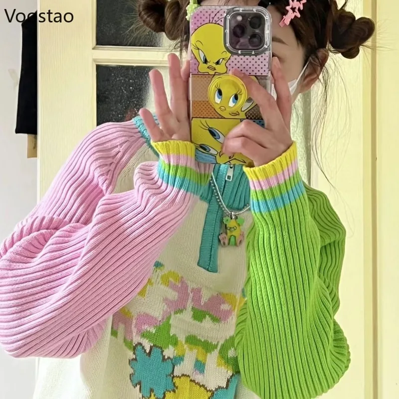 Cartoon Letter Contrast Patchwork Sweater Japanese Women Harajuku Kawaii Pullovers Y2k Knitted Half Turtleneck Zipper Jumpers