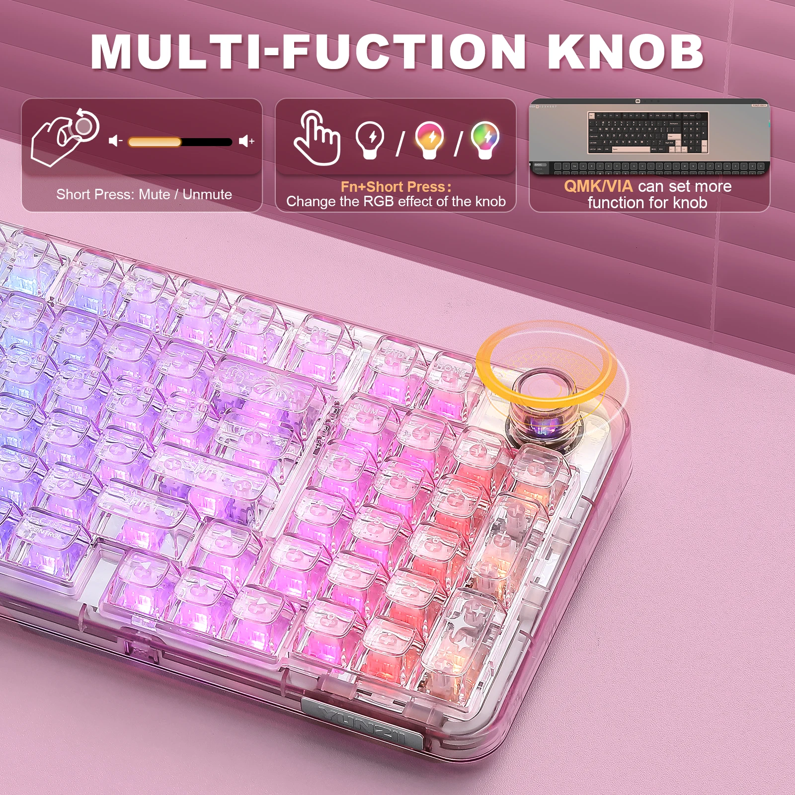YUNZII X98 Pink QMK/VIA لوحة مفاتيح RGB لاسلكية شفافة، لوحة مفاتيح ميكانيكية للألعاب بحشية قابلة للتبديل السريع، لوحة مفاتيح بمقبض مسبقًا