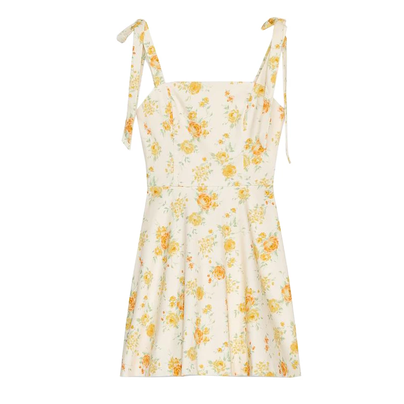 Frühling frauen Süße Sle Bequeme Gerade Kragen Svel Knoten Gedruckt Seide Chiffon Dr Hohe Taille A-Line...