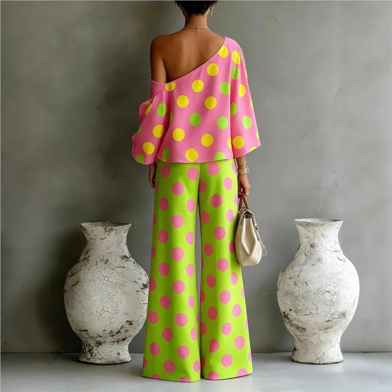 Women's Polka Dot 2 Piece Outfit One Shoulder Blouse And Wide Leg Pants Set Casual Loose Summer Party Tracksuit Elegant New 2026 view 6