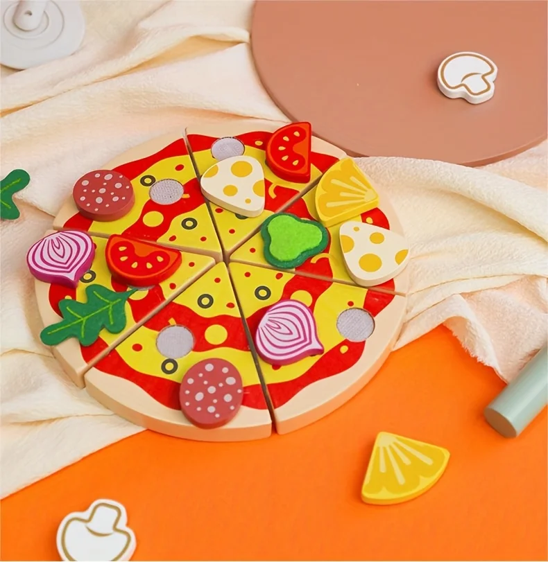 ピザ作りシミュレーション インタラクティブ学習ゲーム 木製ピザおもちゃセット 細かい運動能力の発達と食品認識のため