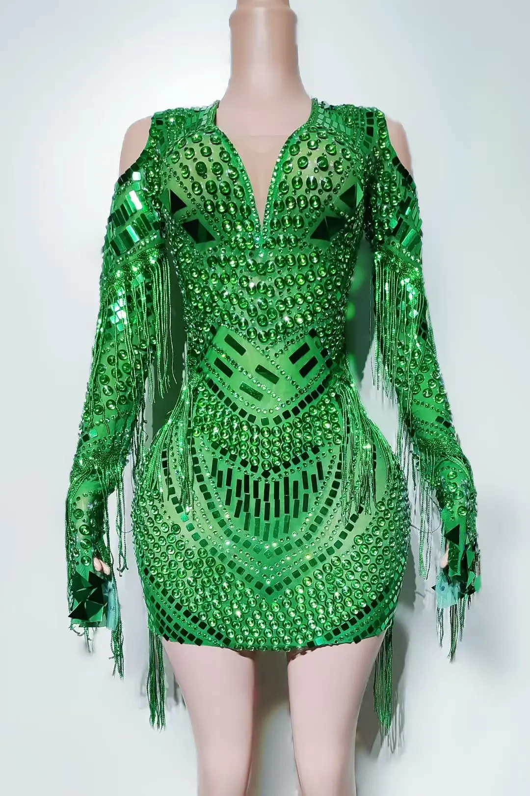 Sexy Women Full Rhinestone Sequins Tassel See Through Mesh Mini Dress Streamer Theme Party Photo Shoot Wear gig  Outfit Youzi