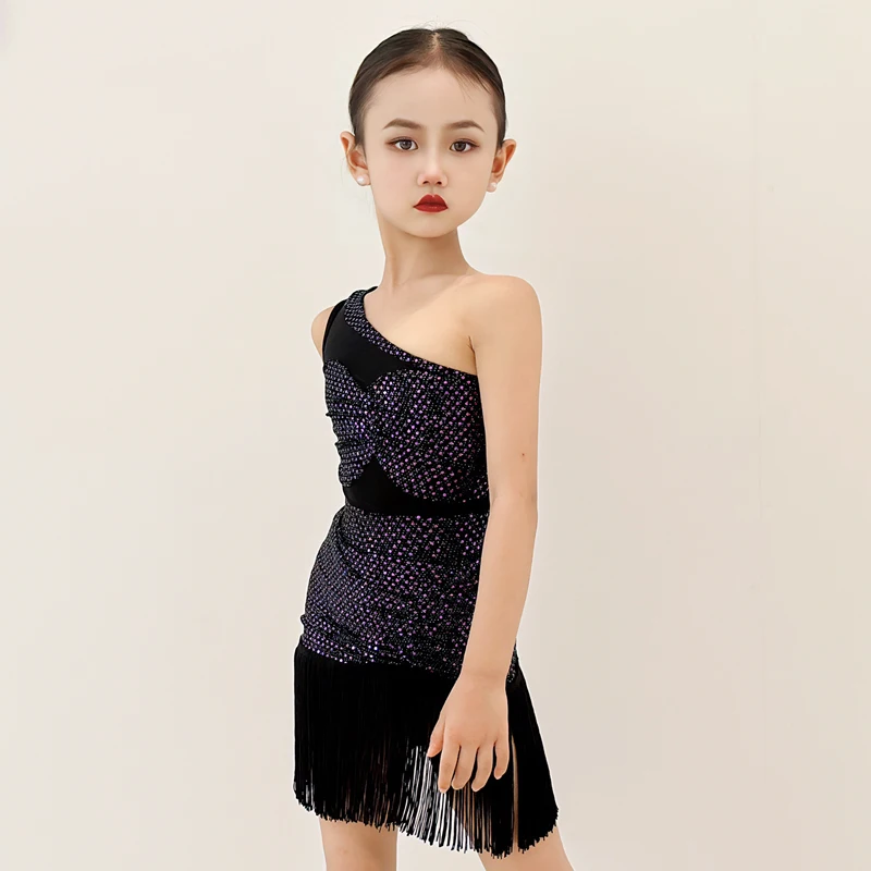 فساتين رقص أداء للأطفال بكتف واحد ترتر فستان الحفلات للفتيات تشاتشا سامبا أزياء مسابقة الرقص اللاتينية SL13081