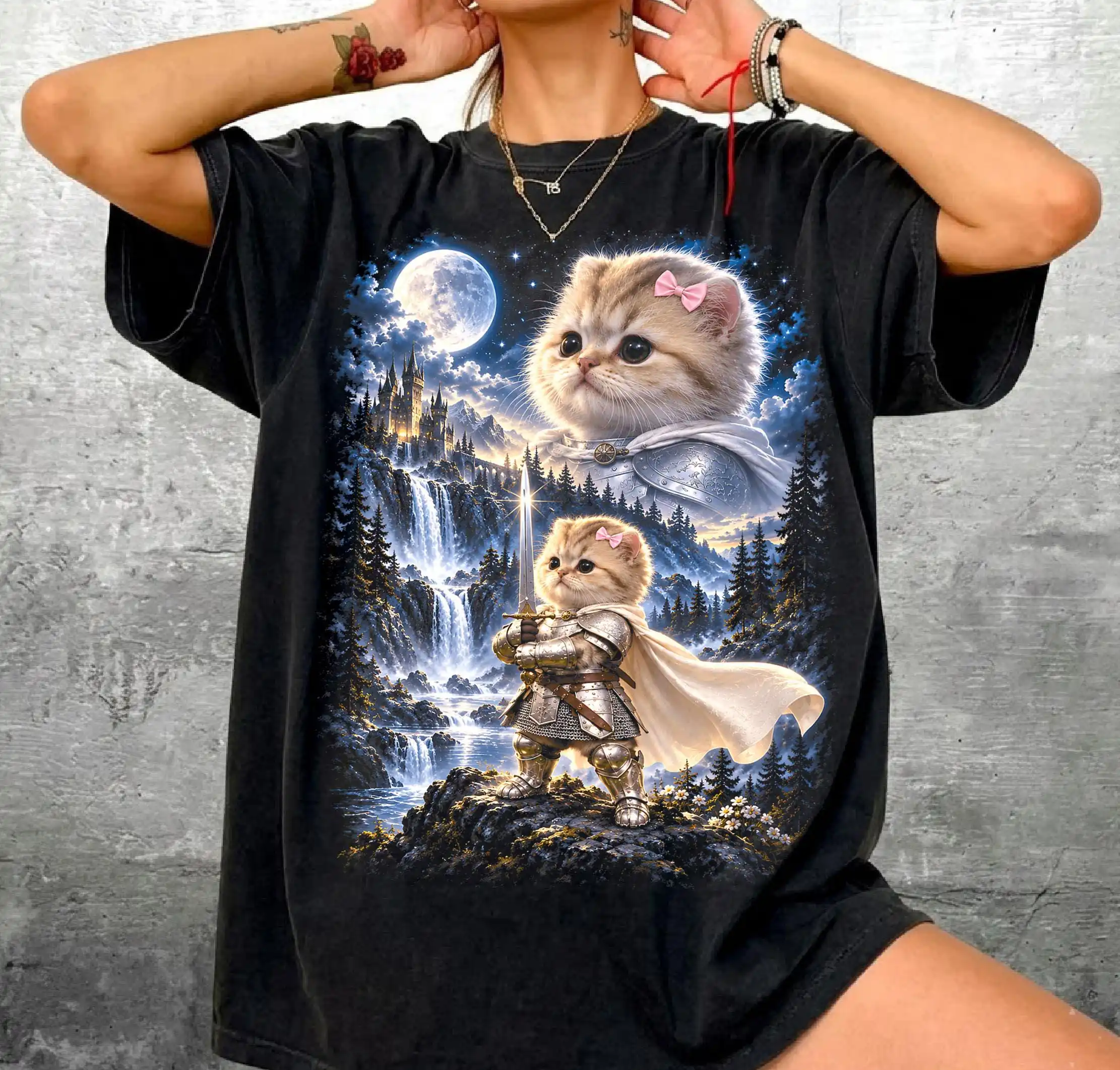 Y2K Unisex Medieval Knight Cat Graphic T-Shirt, Fantasy Moon Castle Kitten Print Short Sleeve Casual Oversized Tee