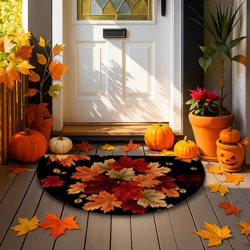 VIKAMA Fall Autumn Leaves Half Round Doormat Non Slip Washable Rug for Front Door Entryway Kitchen Harvest Decor