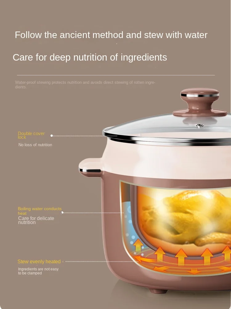 220V Slow Cooker Purple Clay Electric Soup and Stew Pot Home Electric Stewpot Bain-marie Saucepot 2.5L Liner +0.5Lx3 Small Liner