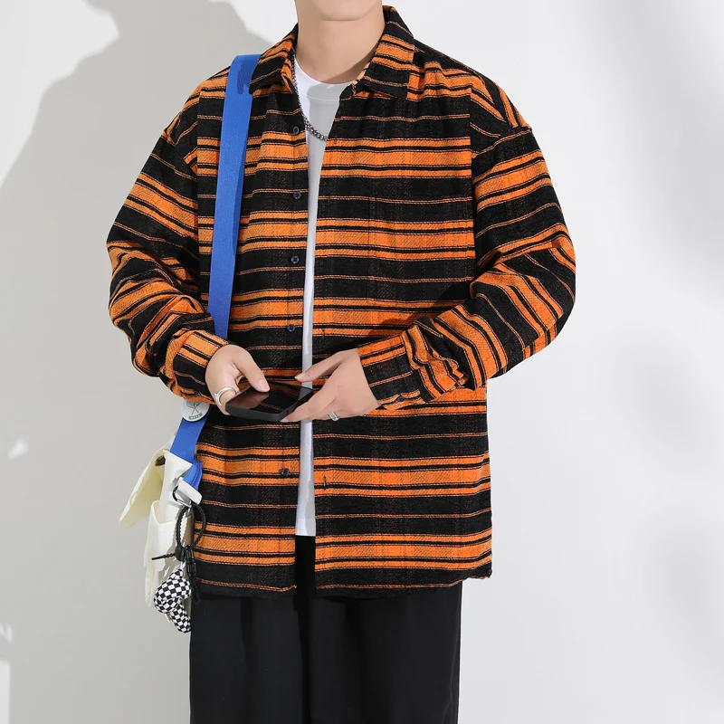 

Loose Long Sve Striped irt Jaet for Men Spring Autumn Casual Youth American Sle Polyester Cotton Blend Breathable