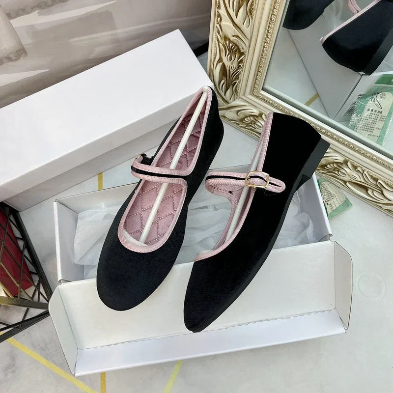 2024 New Autumn Winter korea Flats Round Toe Women\'s Shoes Velvet Silk Flats Fashion Mary Jane Shoes Women Shoes