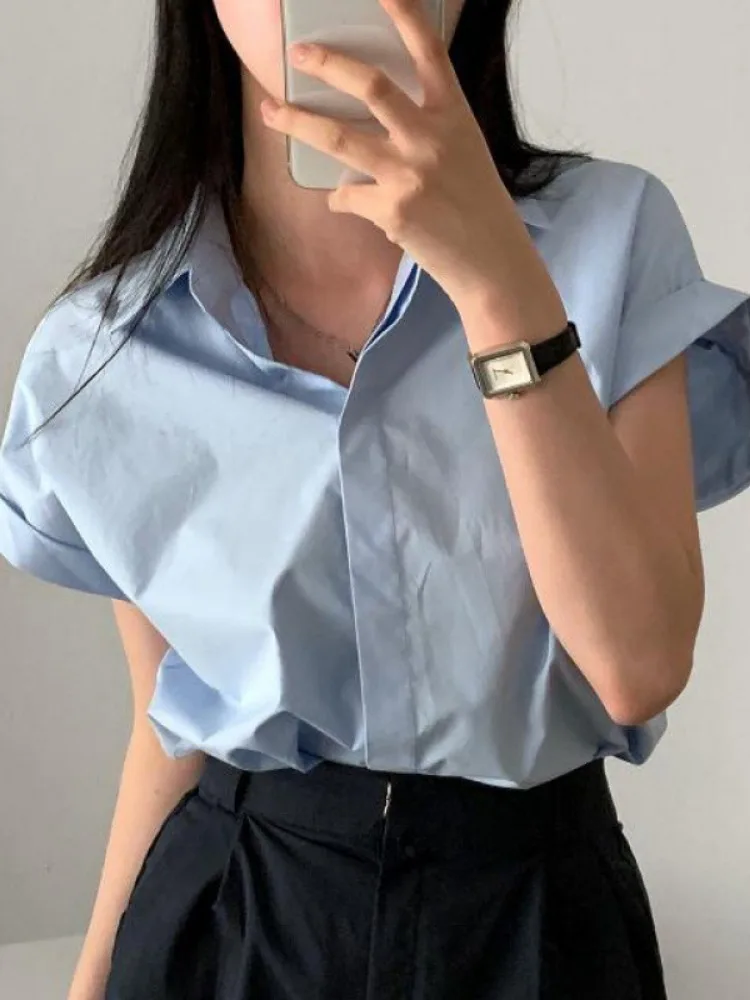 Short Sleeve Simple Women Blouses 2024 Camisas De Mujer Solid Color Summer Oversized Shirts Fashion Korean Vintage Blouse Tops