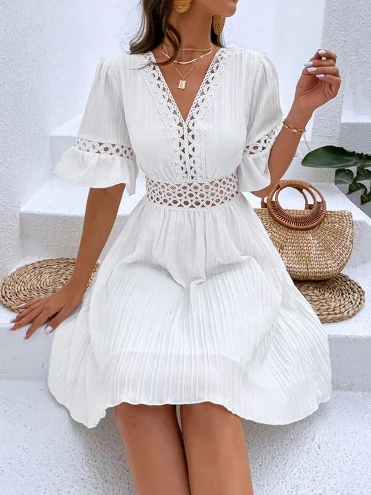 2024 Summer New Women Fashion Elegant Casual V-neck Dresses Woven Hollow Texture Solid Color Simple Female Waist Dress