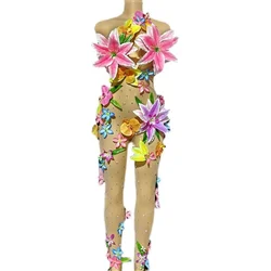 long Sleeves Stretch Sexy Bodysuit Women Birthday Stage play Celebrate Dress Dancer Party Show Dress Rhinestones Jumpsuit