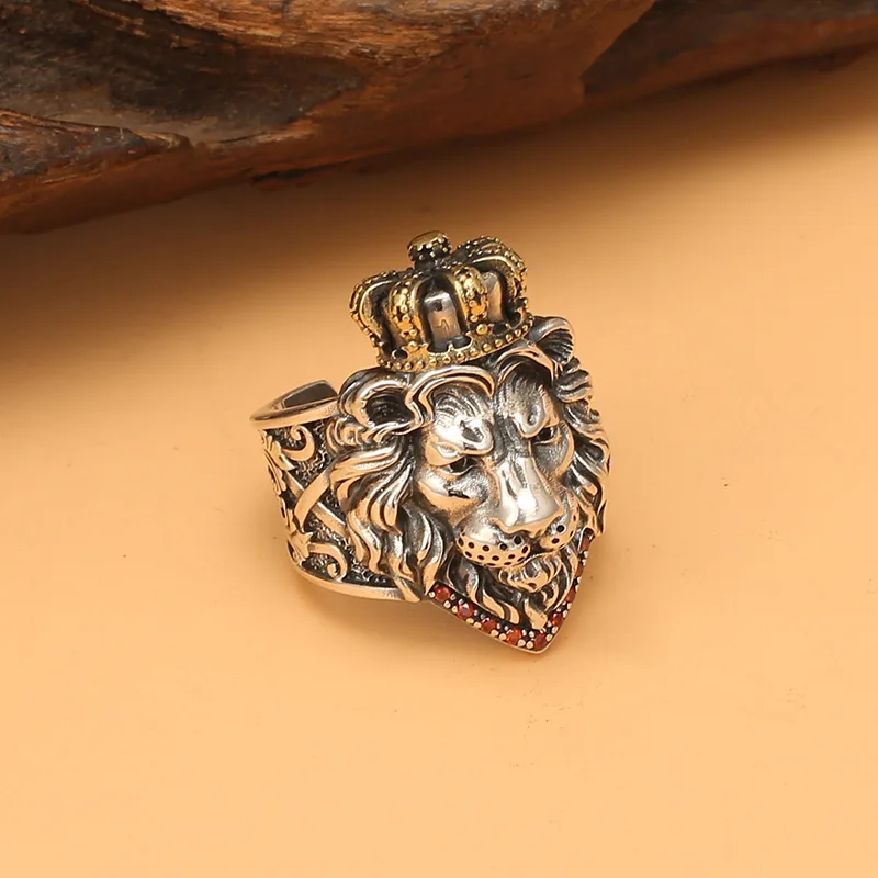 S925 خاتم فضة استرليني تاج خاتم الأسد التصميم الأصلي أزياء الهيب هوب على طراز الهيب هوب #2