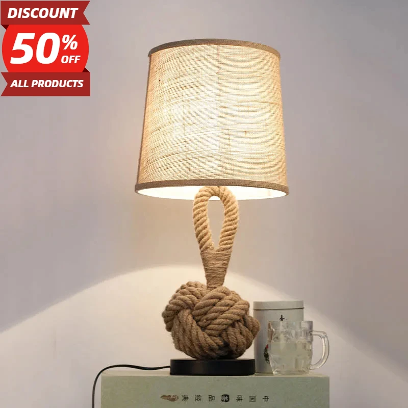 

Vintage Hemp Rope Table Lamp E27 Night Table Lamps For Living Room Bedroom Study Desk Decor Industrial Iron Home Bedside Lamp