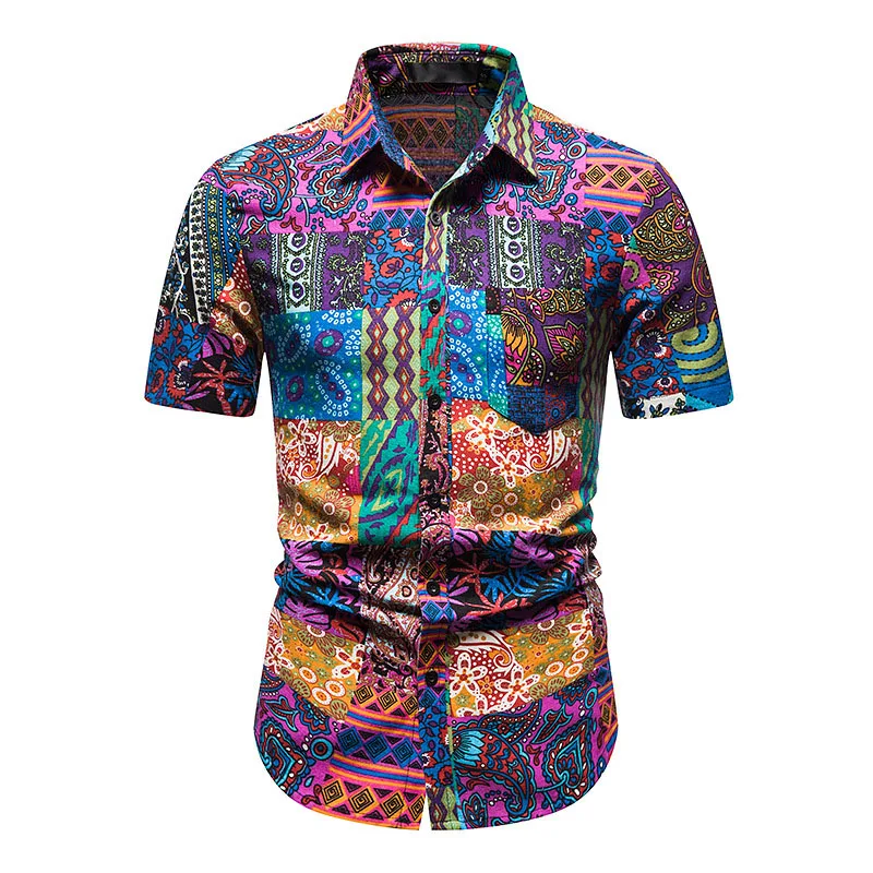 

African Ethnic Floral Print Hawaiian Shirt Men 2024 Summer Beach Short Sleeve Cotton Shirt Mens Party Casual Holiday Clothing