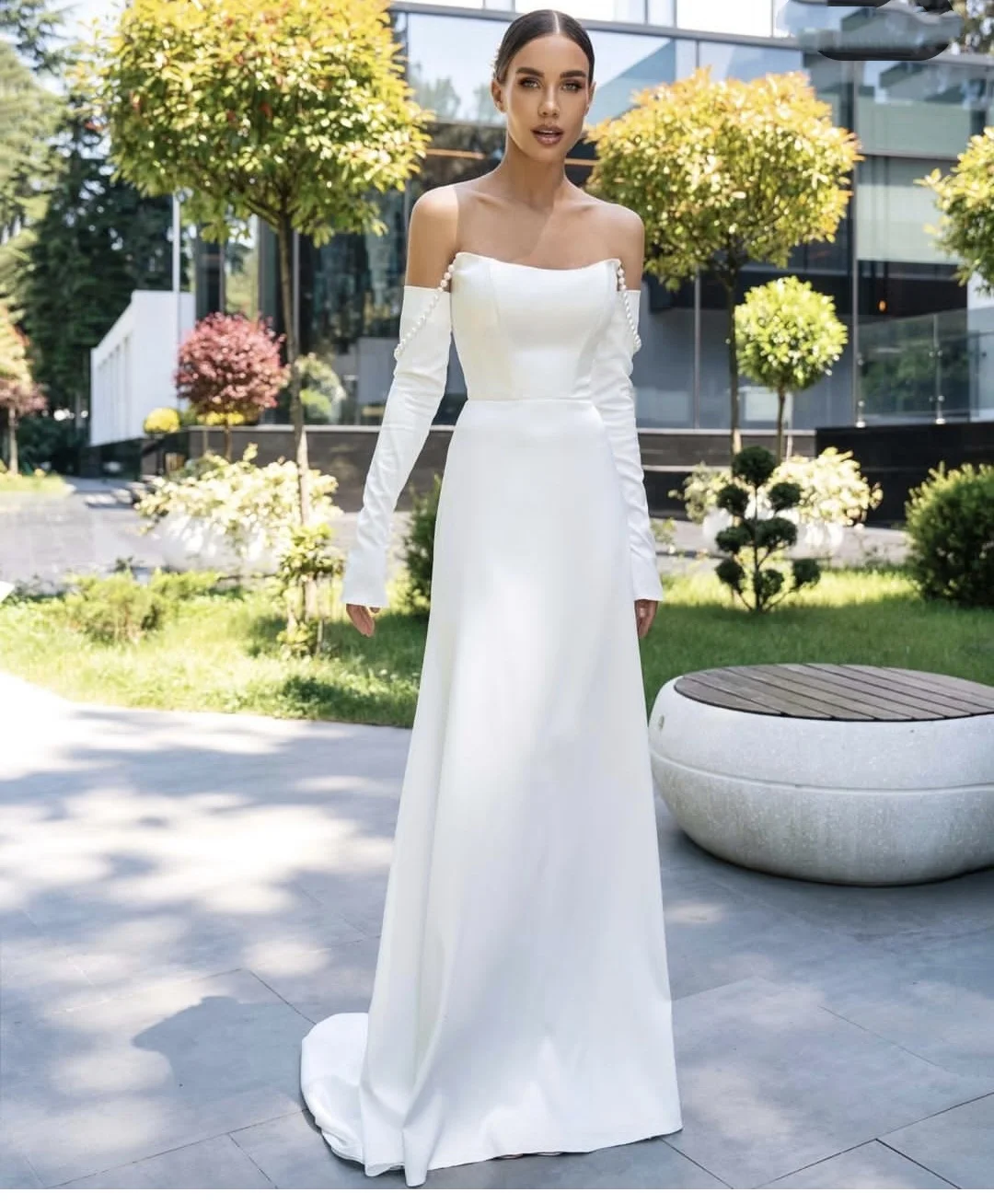 Customize To Measures Country Stain Wedding Dress Floor Length With Pearls Long Sleeves 2025For Women Bridal Gowns Stunning