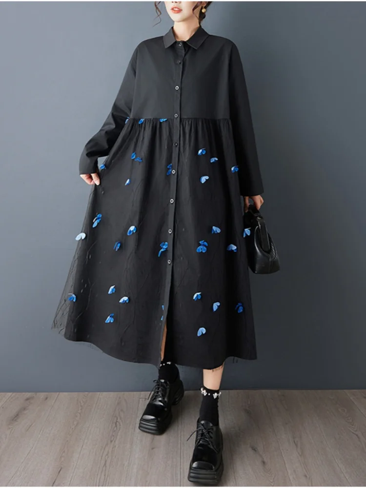 SMTHMA جديد ربيع الخريف فضفاض ثلاثي الأبعاد فراشة شبكة الربط فستان كاجوال المرأة الحلو كم طويل فستان قميص #6