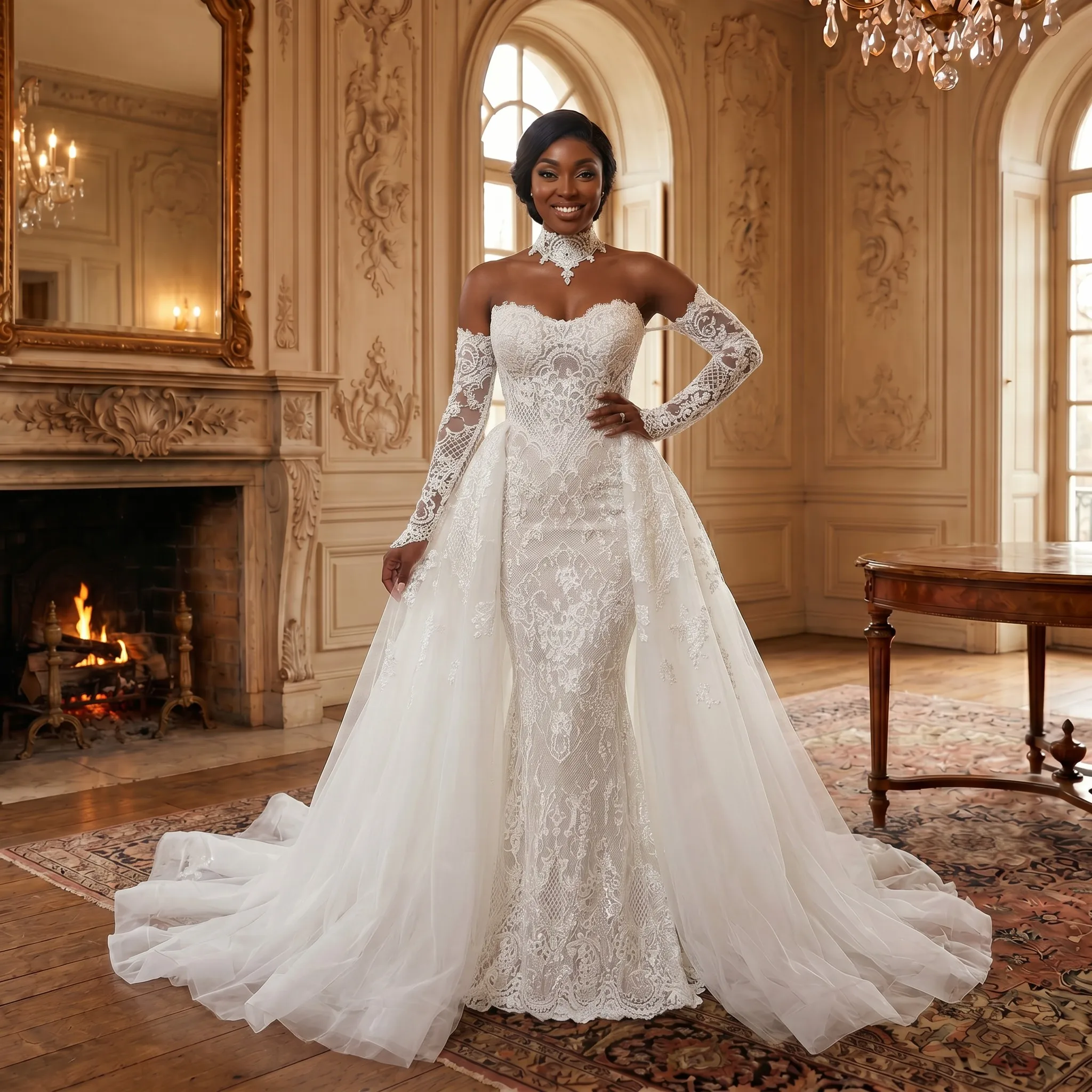 Detachable Overskirt Mermaid Wedding Dress Off Shoulder Long Lace Sleeve Bridal Gown with Chapel Train