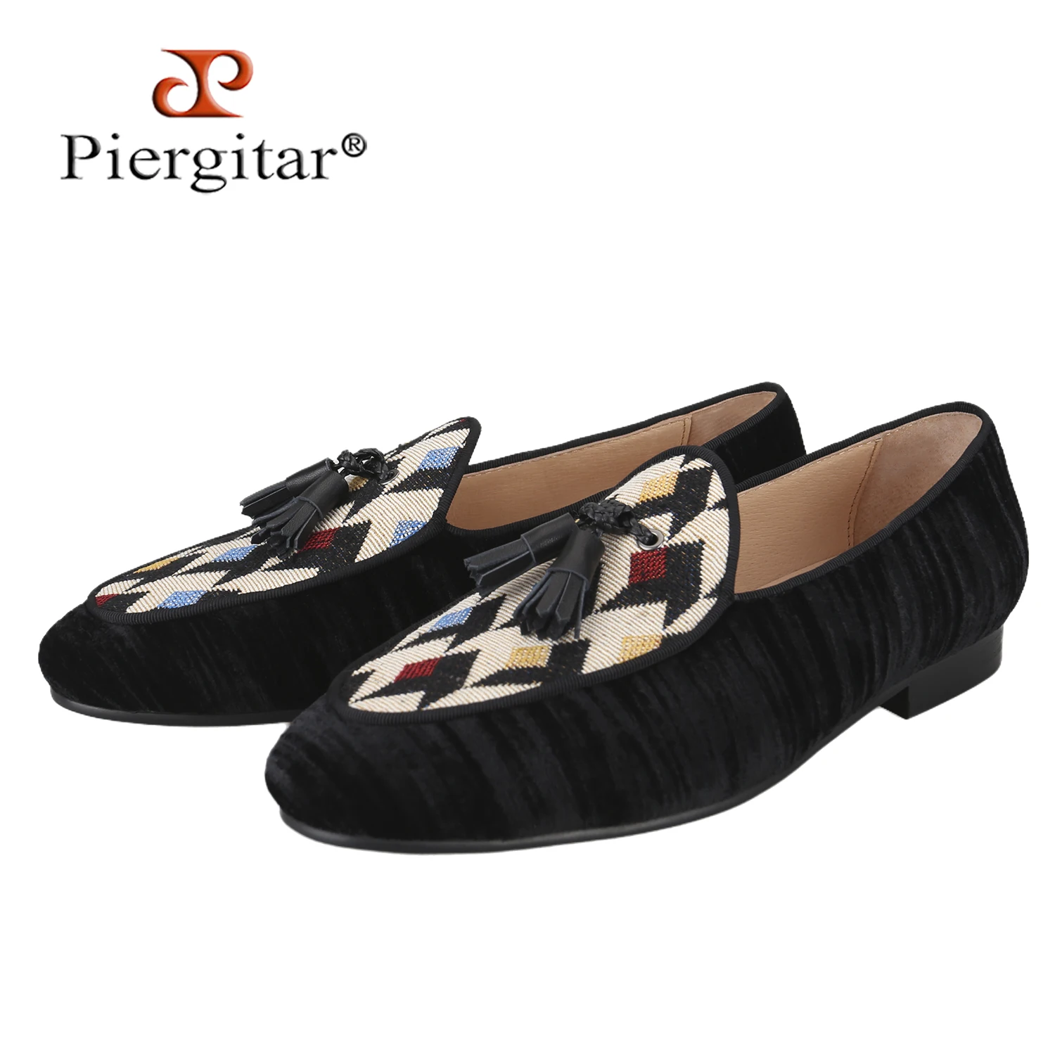 Piergitar New Model Black Velvet Patchwork Tweed Men's Casual Shoes With Leather Tassels Handmade Slip-On Loafers Plus Size