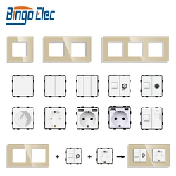 Bingoelec White black grey gold glass Panel Wall Switch EU French UK Power Socket USB Type-C TV RJ45 Module DIY