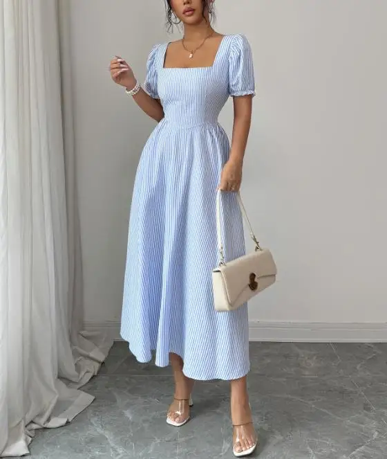 

Women Dress Summer Tailored Classic Blue and White Striped Printed Square Neck Bubble Sleeve A-Line Dress Suitable for Daily Use