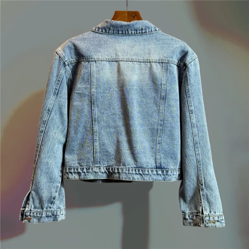 Spring Autumn Women Beaded Diamond Light Blue Short Denim Jacket Casual Lapel Long Sleeve Jeans Jacket Coat Female Streetwear - Detail 1