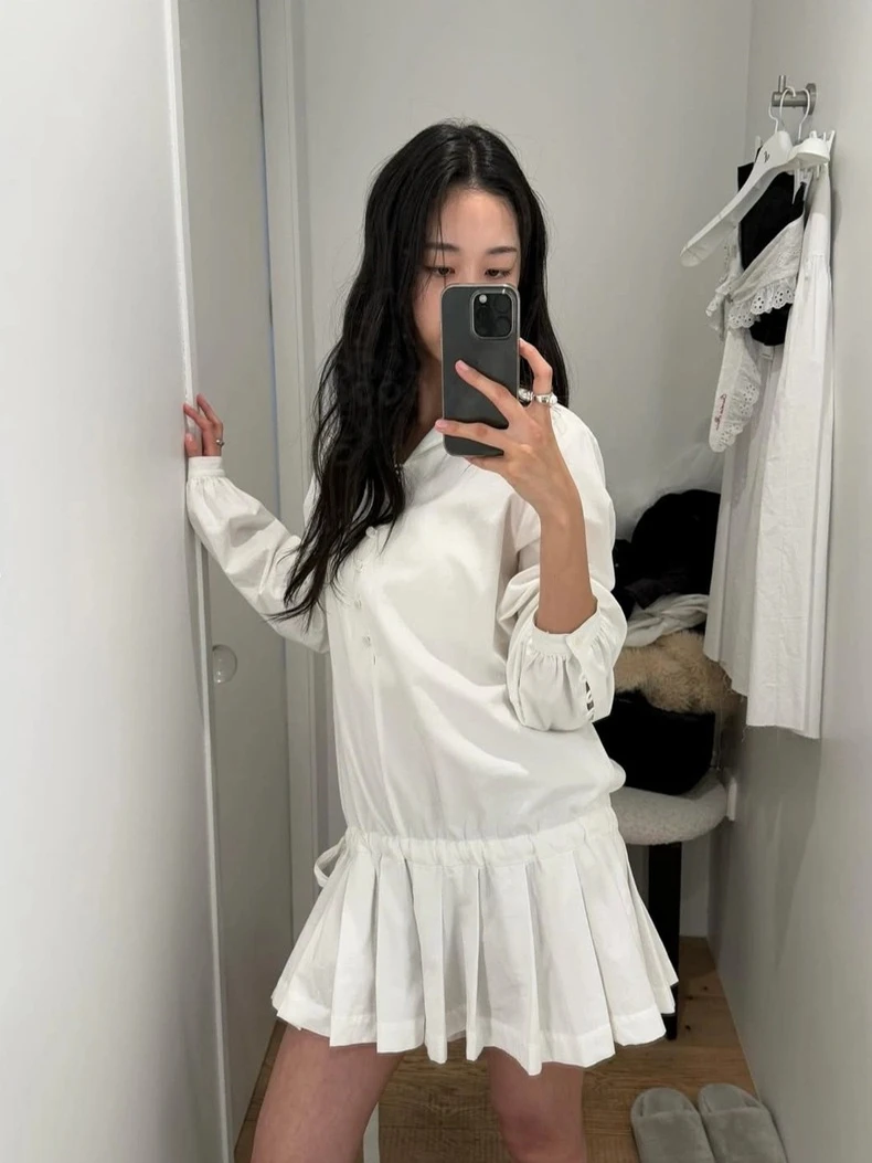 Romantic Bow-Tied Pleated Spring Summer Women's Dr High Waist A-Line Casual Sle Long Sve  Collar Two-Piece Set