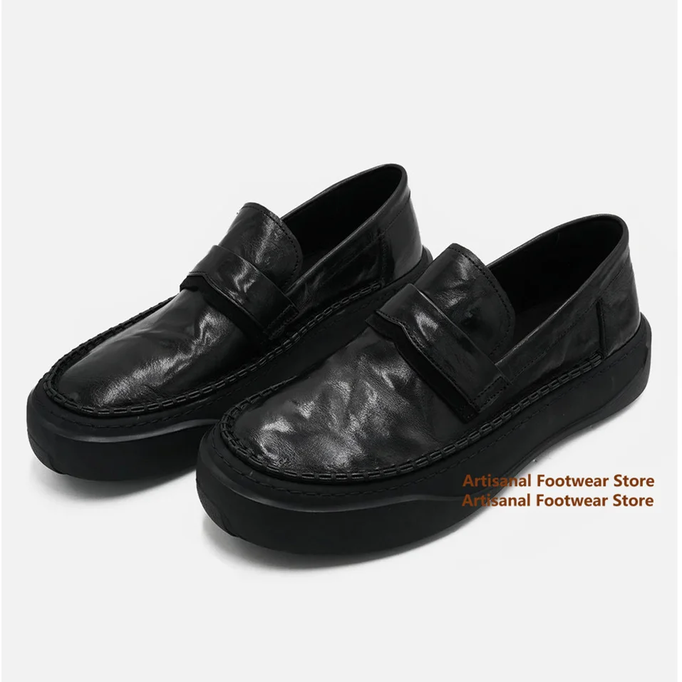 Soft Leather Height Increasing Loafers Round Toe Slip On Casual Shoes British Style Black Leather Dress Shoes Trendy Men's Shoes